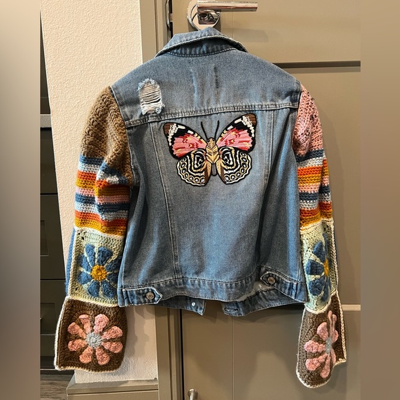 Denim Jacket with Crocheted Granny Square Sleeves- Free People Inspired - Picture 2 of 11